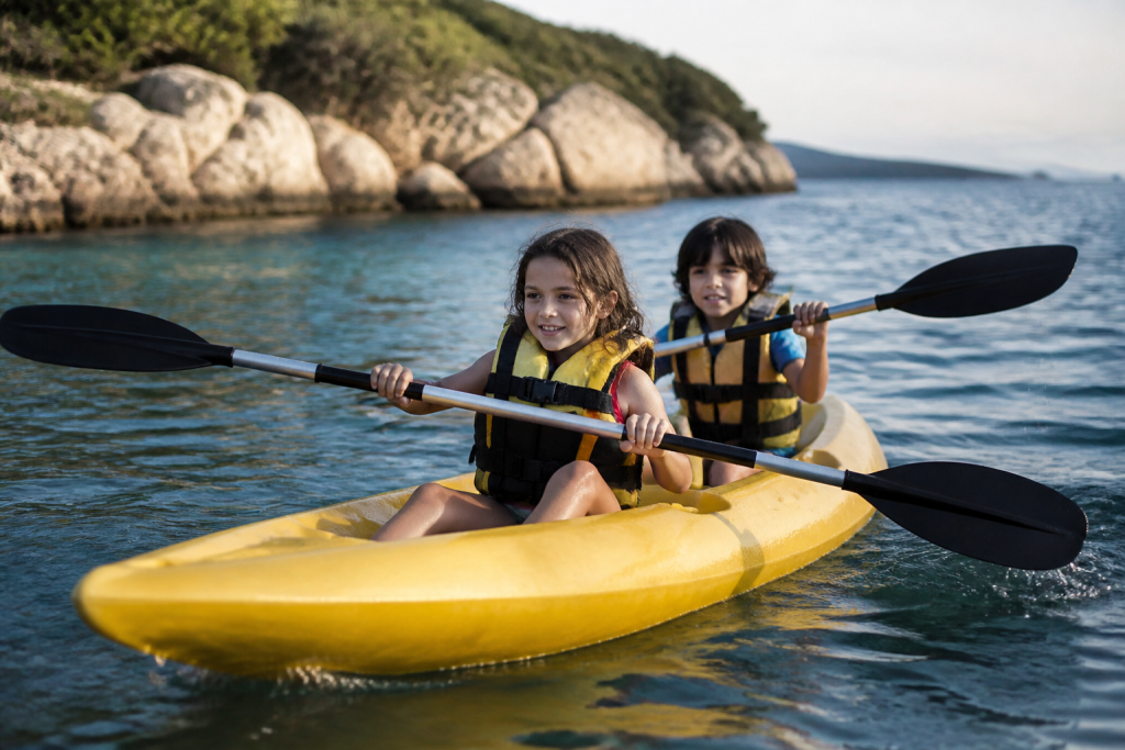 Enfants pagayant kayak jaune eau bleue cote