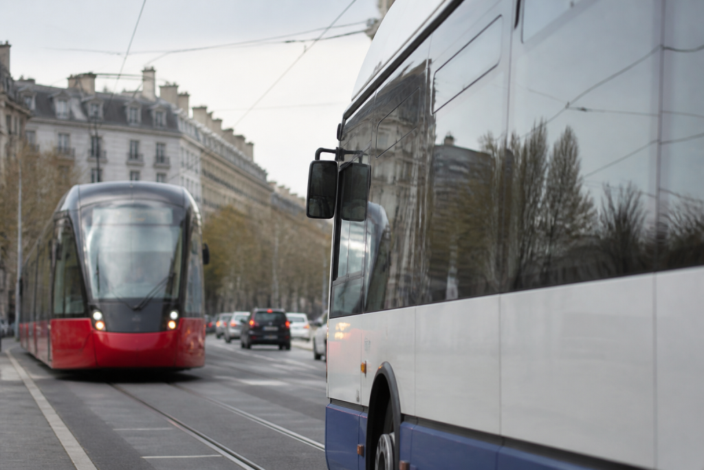 Tramway rouge et bus circulant centre Geneve